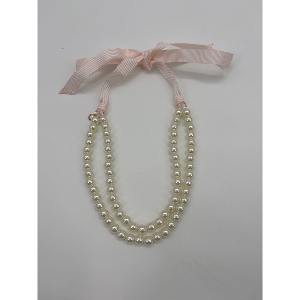 J Crew Factory Girls Two Strand Pearl Necklace Pink Ribbon Clasp Gold Tone Charm